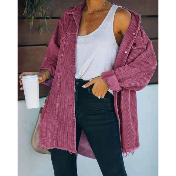 Womens Light Wine Oversized Corduroy Shirt Jacket Casual Button Down Retro - Picture 2 of 2